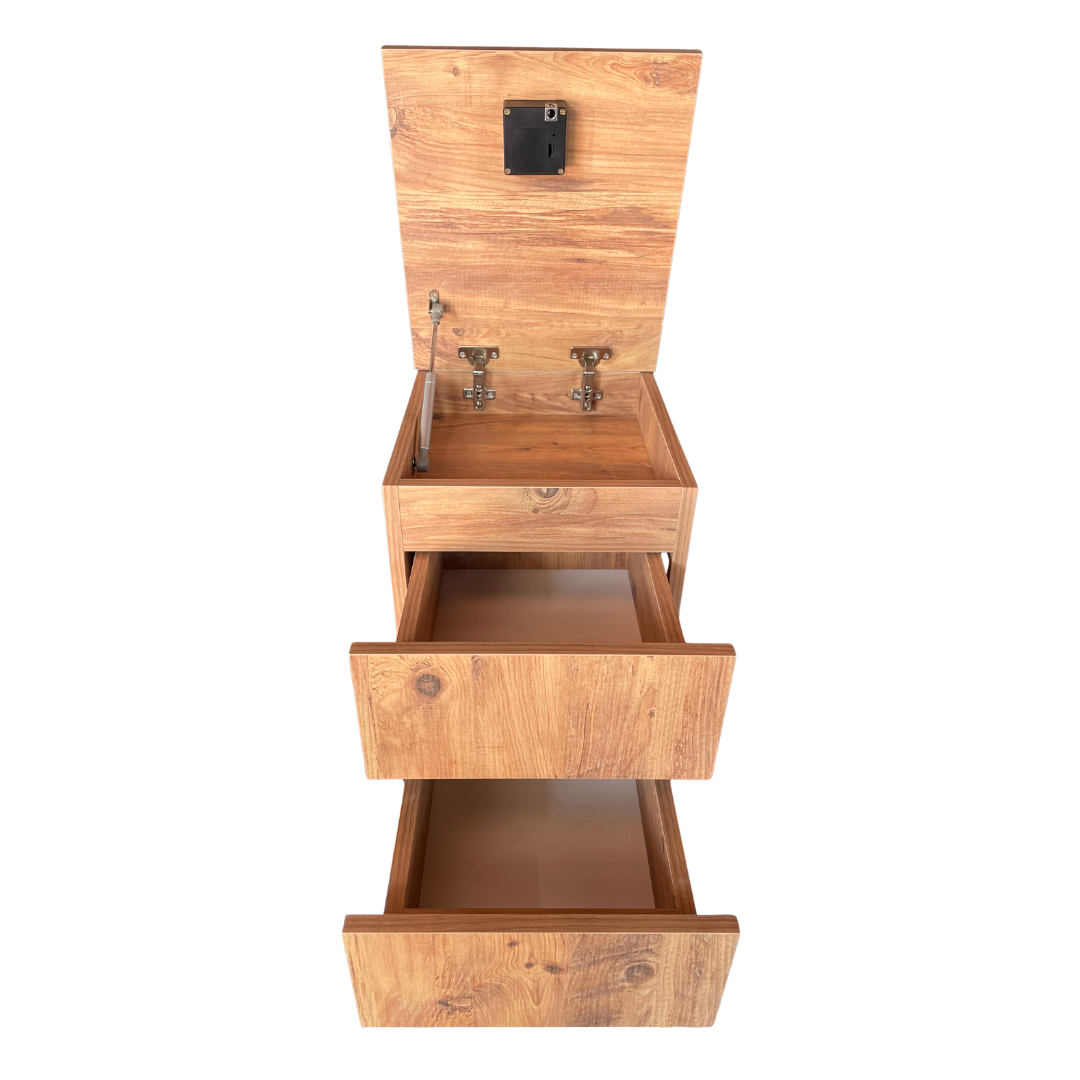 Gizli bölmeli komodin çekmeceleri açık halde safir meşe renk